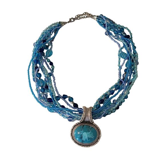 Turquoise & Silver Multistrand Beaded Pendant Necklace Bohemian Oceanic Vibes - Picture 1 of 7